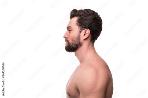 side view portrait   young man  nude torso  white background