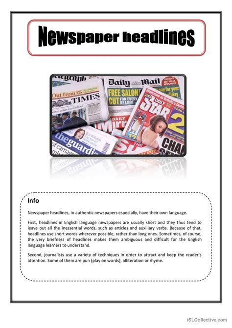 newspaper headlines reading  deta english esl worksheets