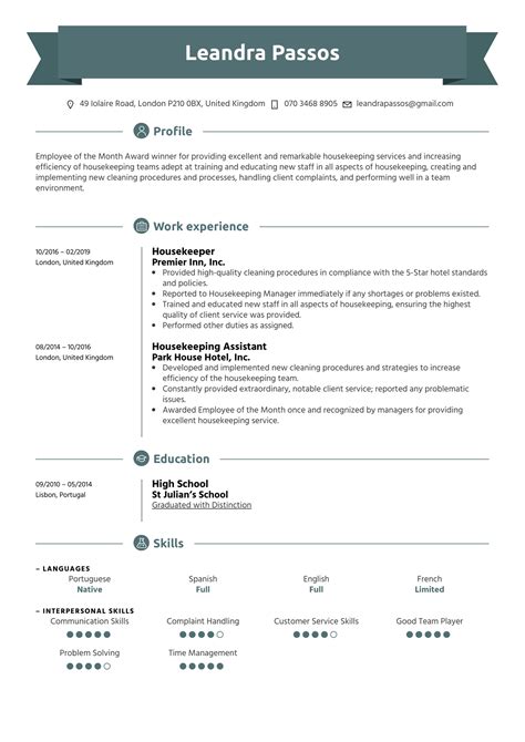 housekeeper resume  kickresume