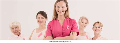 group smiling anticancer campaign activists stock photo