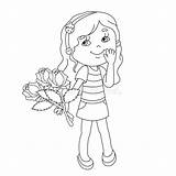 Girl Outline Coloring Bouquet Roses Hand Vector Illustration Royalty sketch template