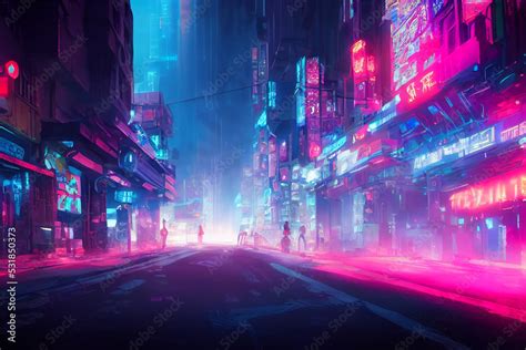 cyberpunk style futuristic city street concept art illustration stock