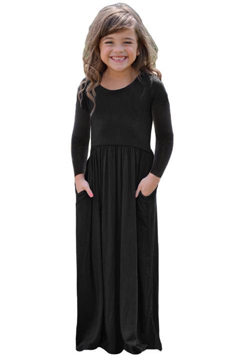 Cheap Black Long Sleeve Pocket Design Girls Maxi Dress