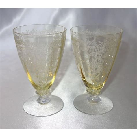 Pair Of Fostoria Topaz Yellow June Etched Glass Water Tumblers