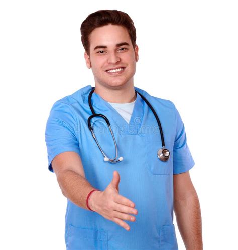 handsome male nurse  greeting gesture stock photo image  stethoscope positive