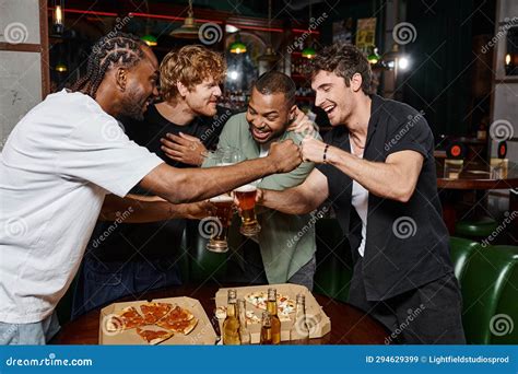 Happy Interracial Male Friends Fist Bumping Stock Image Image Of