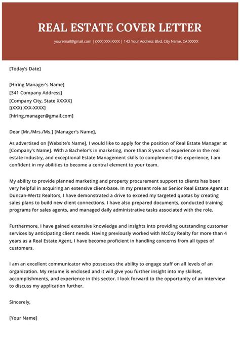Real Estate Agent Realtor Cover Letter Example Template