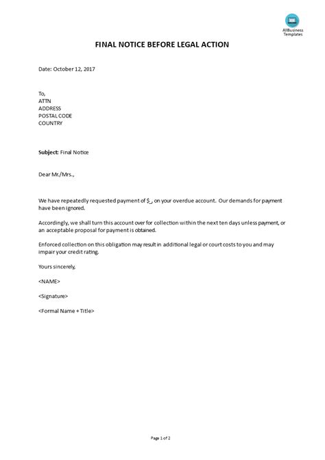 letter  intent   legal action collection letter template