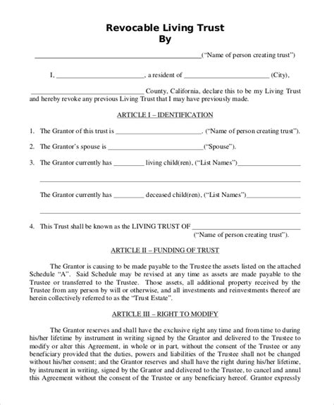 sample living trust forms   ms word