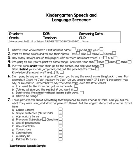 kindergarten speech  language screener  teach simple