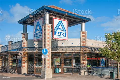 entrance dutch shopping mall  big billboard  aldi drugstore stock photo  image