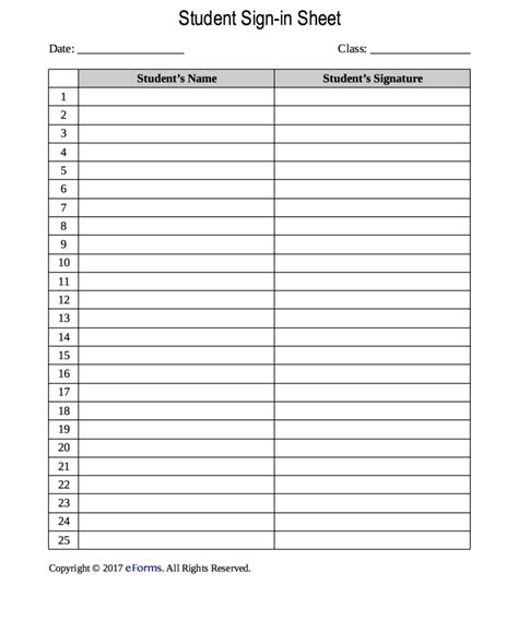 student sign  sheet template eforms  fillable forms