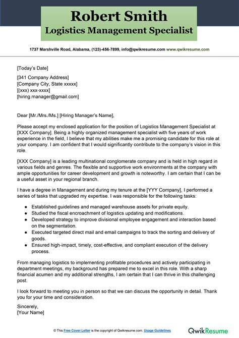 logistics management specialist cover letter examples qwikresume