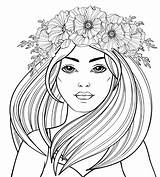 Coloring Girl Hair Long Beautiful Adult Pages Tattoo Poppy Young Poppies Book Antistress Doodle Wreath Drawn Hand раскраски Color Her sketch template