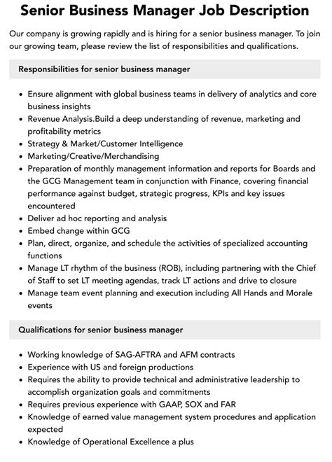 Senior Business Manager Job Description Velvet Jobs
