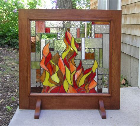 Stained Glassmission Fireplace Screen Geometric With Wooden Frame 31