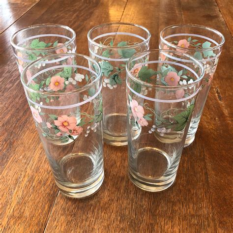 Sale Set Of 5 Vintage Pink And Green Floral Drinking Etsy Pink And