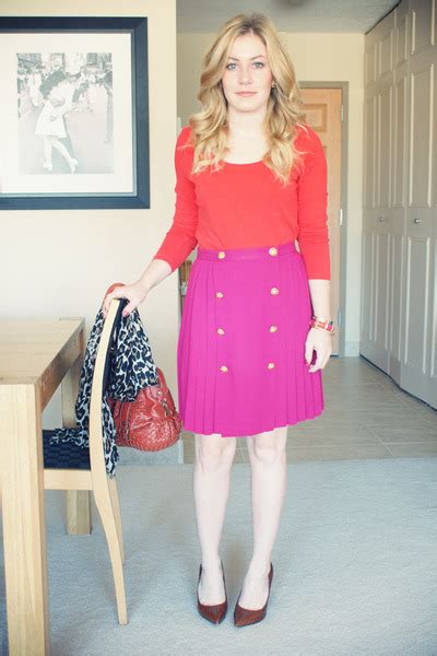 hot pink pleated vintage skirts red handm shirts dark brown sam edelman heels hot pink pleats