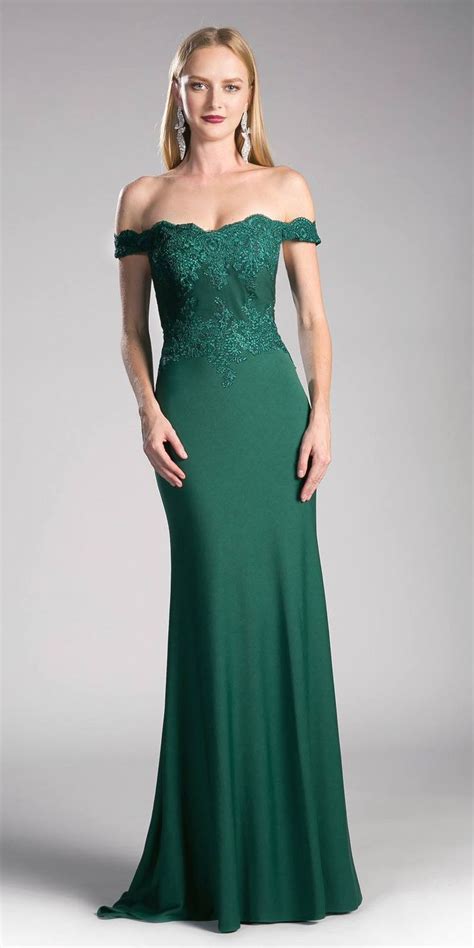 emerald green  shoulder floor length evening gown applique bodice hunter green bridesmaid