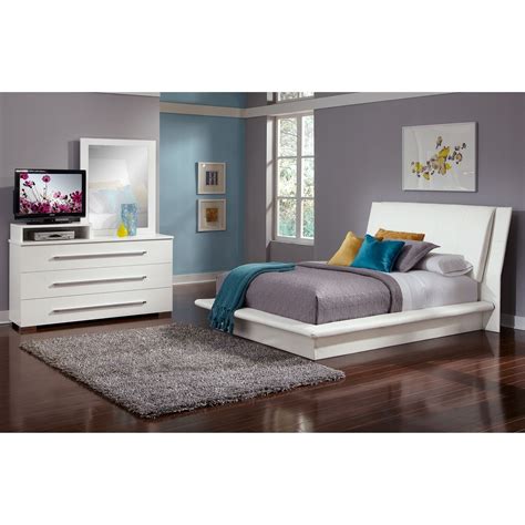 dimora  piece queen upholstered bedroom set  media dresser white