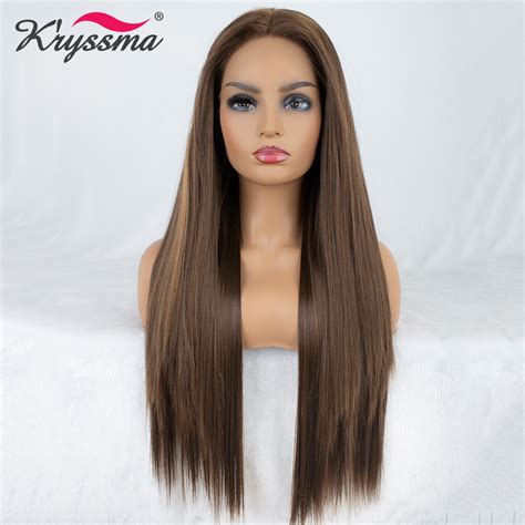 Brown Wig Long Straight Synthetic Lace Front Wig Highlights Wigs For