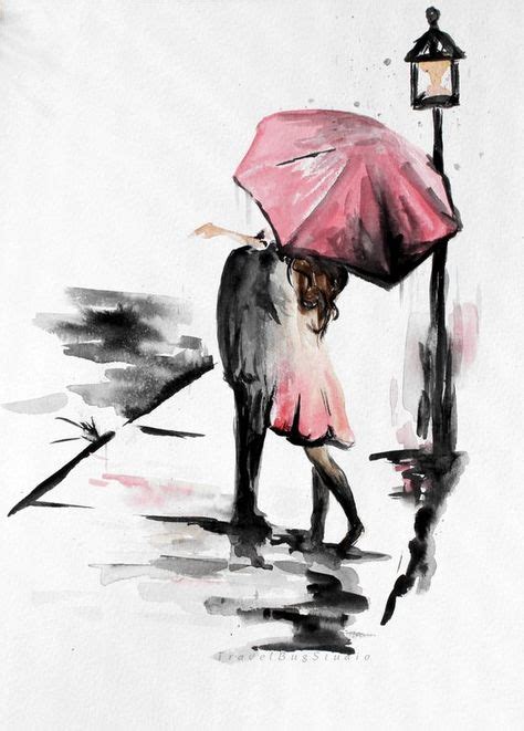 Pareja Con Paraguas Romance Pintura Besar Bajo La Lluvia Etsy En 2019