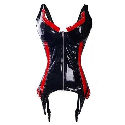 Sexy Black Red Ruffles Pvc Latex Corset Panty Thong Set