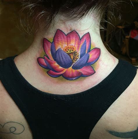 Lotus Tattoo Bright Colors Pink Purple Neck Tattoo