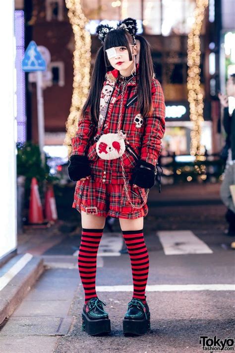 harajuku goth girl in red plaid street fashion w twin