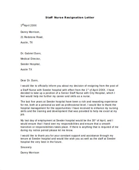 resignation letter charge nurse