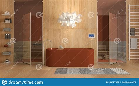 minimalist wooden spa room  orange tones bathroom wellness center