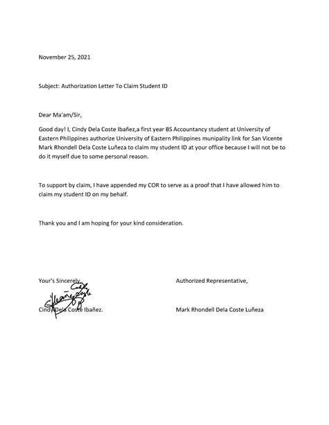 authorization letter sample assignment november   subject