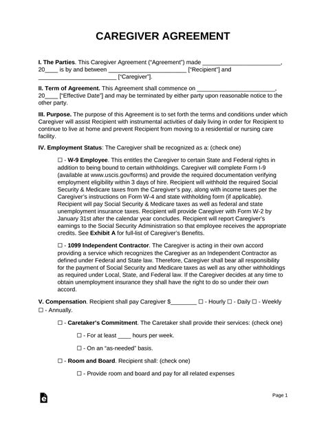 caregiver agreement template  word eforms