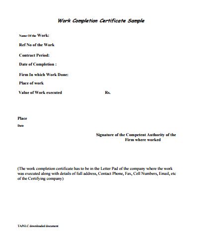 work completion certificate format  letter template word