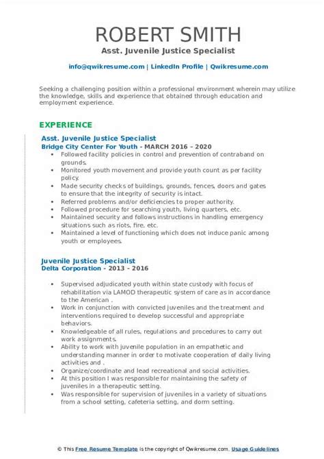 juvenile justice specialist resume samples qwikresume