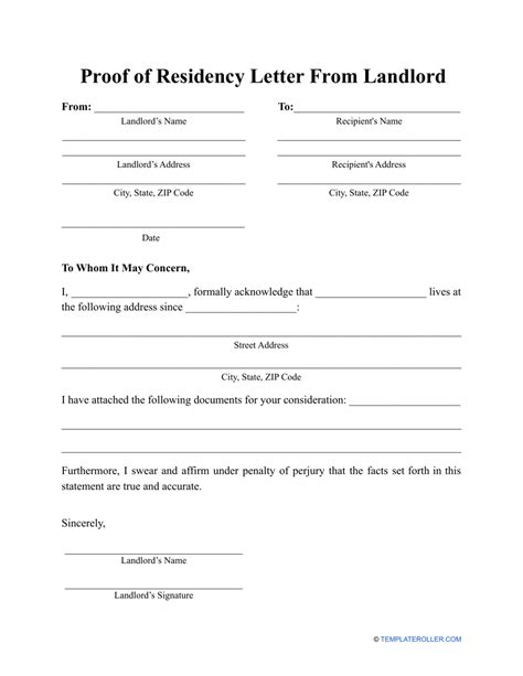 proof  residency letter  landlord template  printable