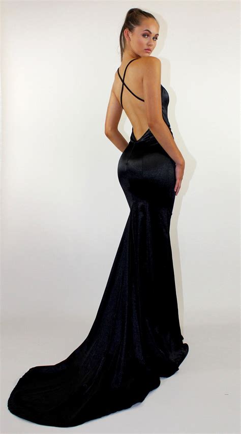 rapture black satin backless evening dress with long train and leg