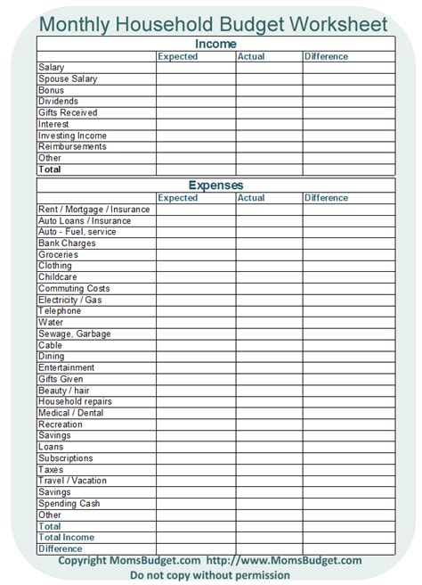 monthly household budget worksheet  printable worksheet