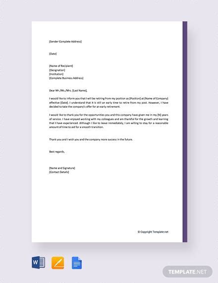 early retirement resignation letter  google docs word pages