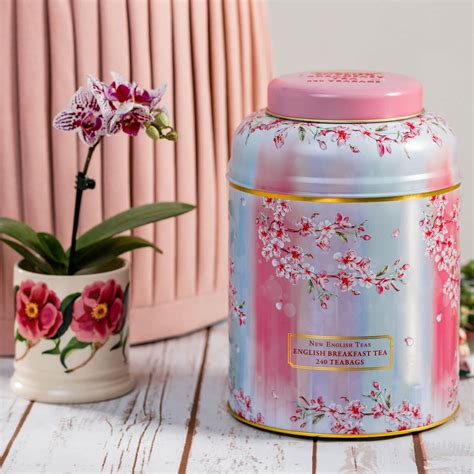 cherry blossom water colour large tea caddy   teabags