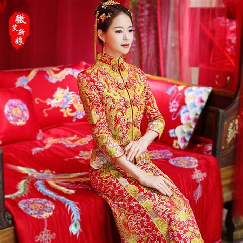 china bride qipao 2018 new embroidery dragon cheongsam long retro