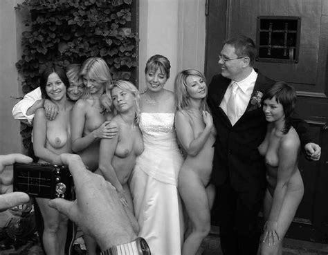 bride and groom with naked members of the wedding