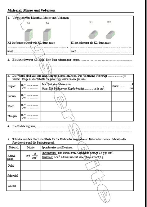 masse material und volumen arbeitsblaetter schule physik