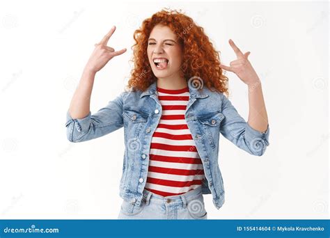 rebellious excited redhead good looking caucasian curly haired girl