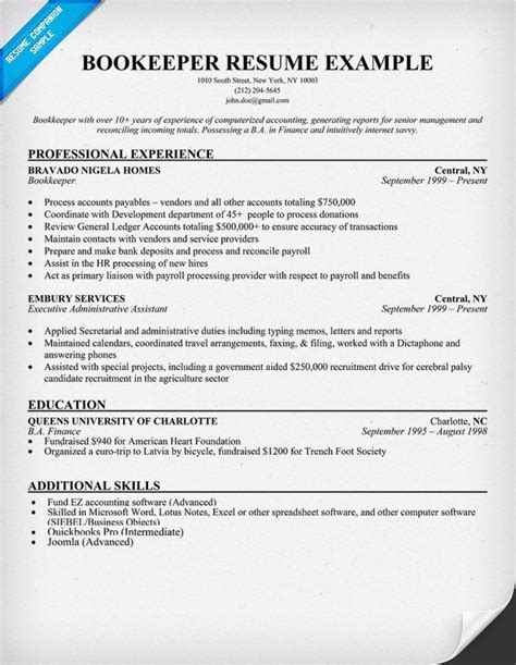 bookkeeper resume sample resume samples   industries