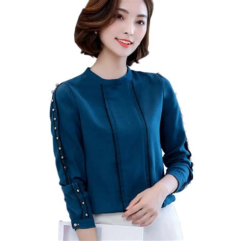 long sleeve women blouses autumn casual fashion loose chiffon shirts  neck solid color blouses