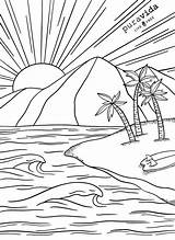 Pemandangan Mewarnai Pantai Alam Gunung Tk Memilih Tanah Pohon Kelapa Kecil Cocok Matahari Belajar sketch template
