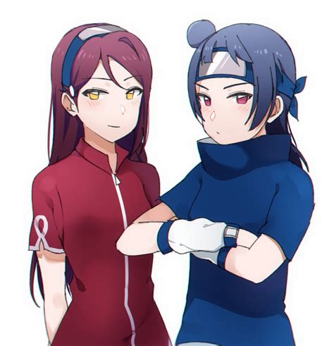 safebooru 2girls ascii media works blue hair bushiroad cosplay forehead protector haruno