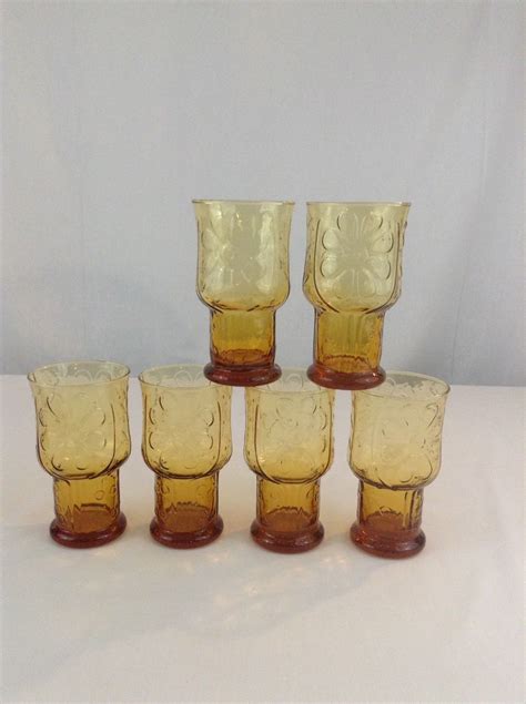 Vintage Libbey Amber Lot Of 6 Embossed Flower Daisy Drink