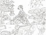 Coloring Pages Coloriage Drawing Japanese Garden Adult Japon Jardin Adults Tranquil Line Geisha Books Pour Fineartamerica Oriental Book Costume sketch template